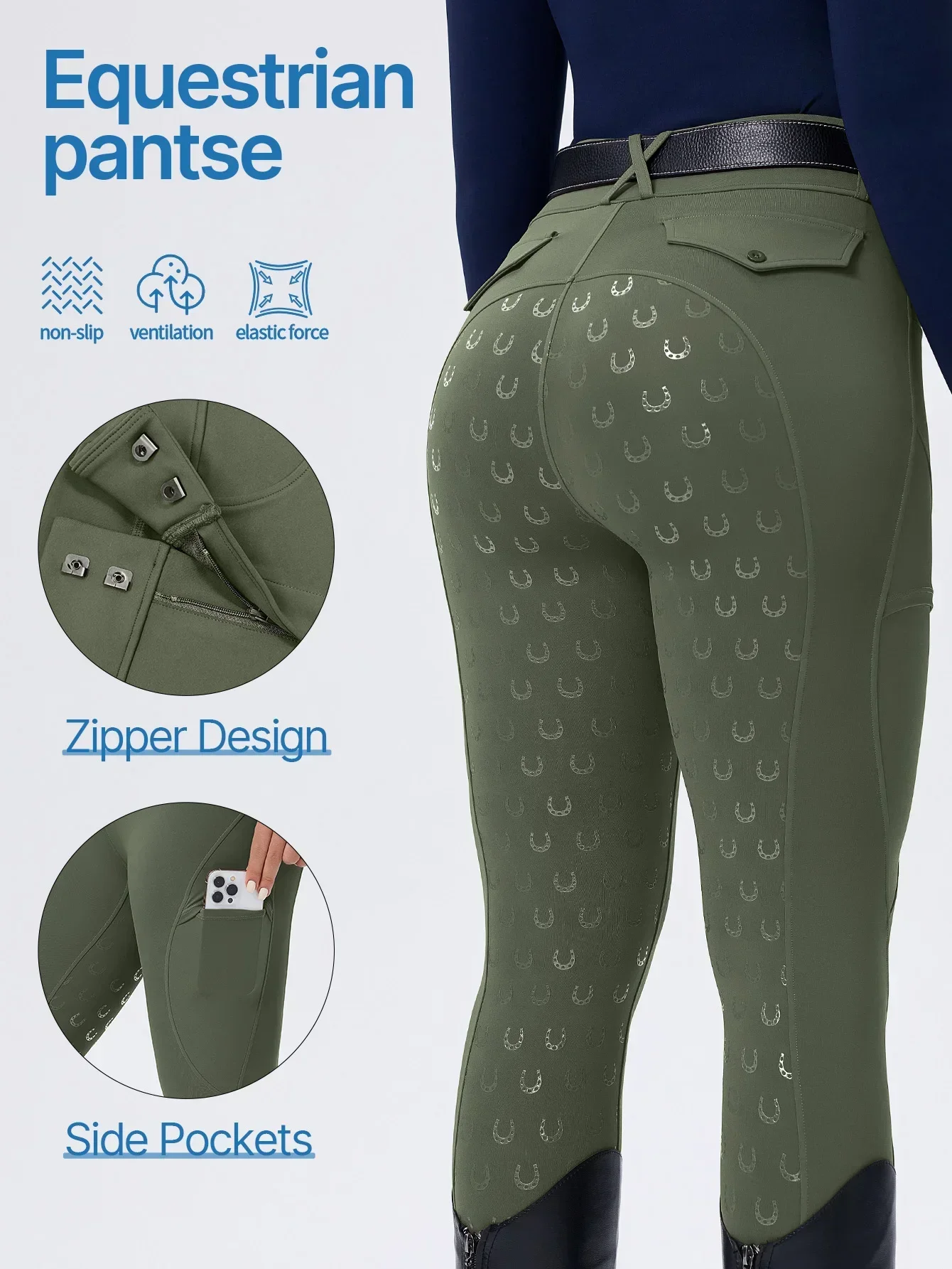 Women High Waist Equestrian Breeches with Pockets Full Seat Silicone Grip Wear Resistant Horse Riding Pants