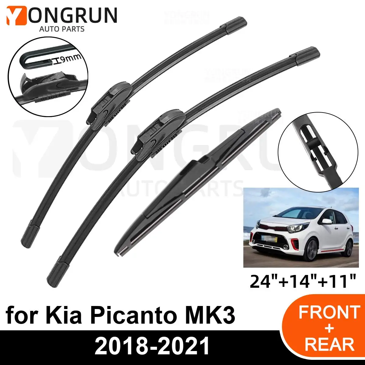 3PCS Car Wiper for Kia Picanto MK3 2018-2021 Front Rear Windshield Four Seasons durable Accessories 2018 2019 2020 2021