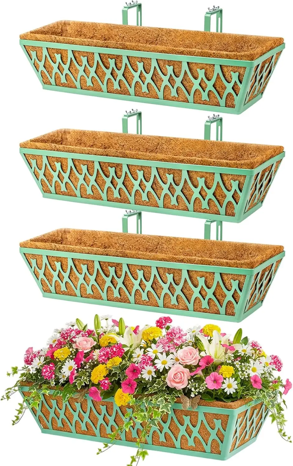 

4 Pack 24 Inch Adjustable Railing Planter Boxes with Coco Liners for Porch Fence Patio Balcony Hanging Flower Baskets - Green