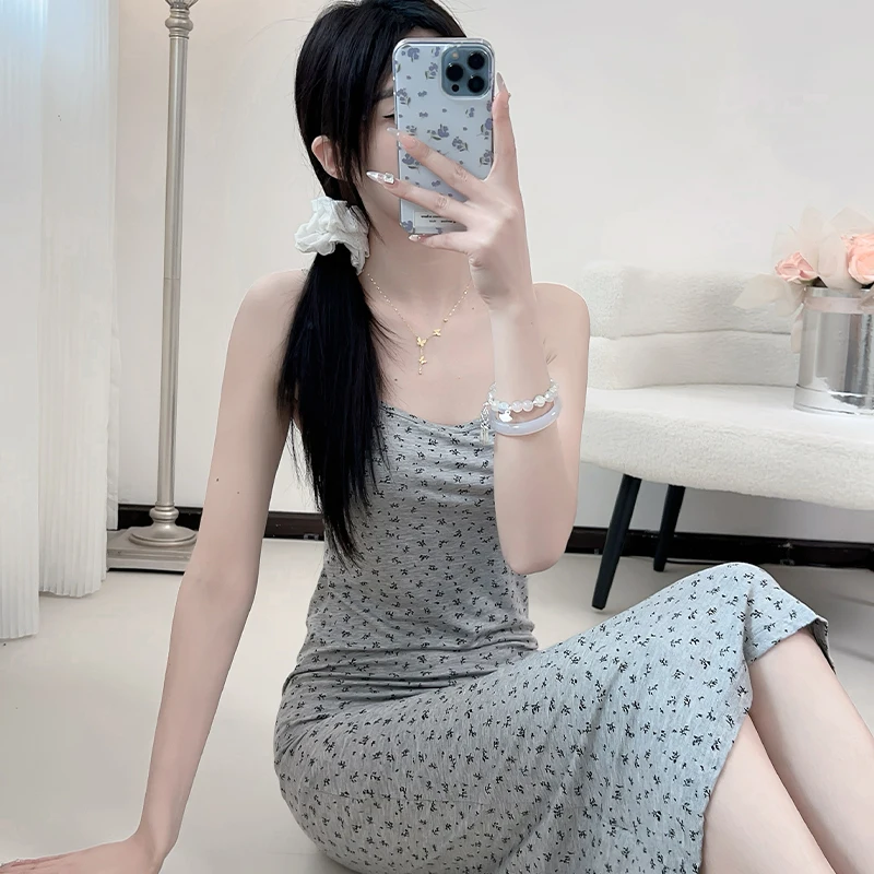 

Modal round Neck Floral Strap Dress Thin Sleeveless Base Layer Dress for Women Summer Casual Style Viscose Fabric Home Wear