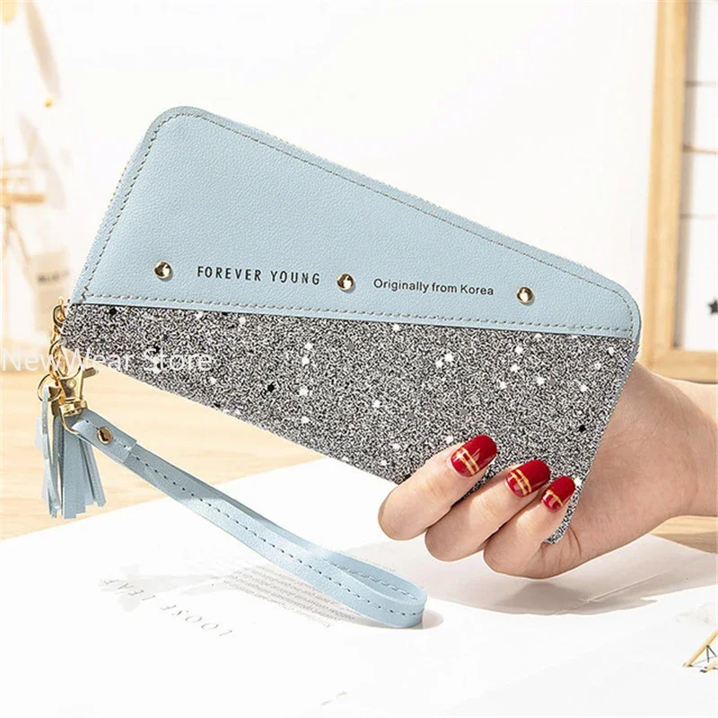 Women Wallets Long Sequined Patchwork PU Leather Forever Young Wallet Female Designer Luxury Fashion Money Purse Clutch Bag