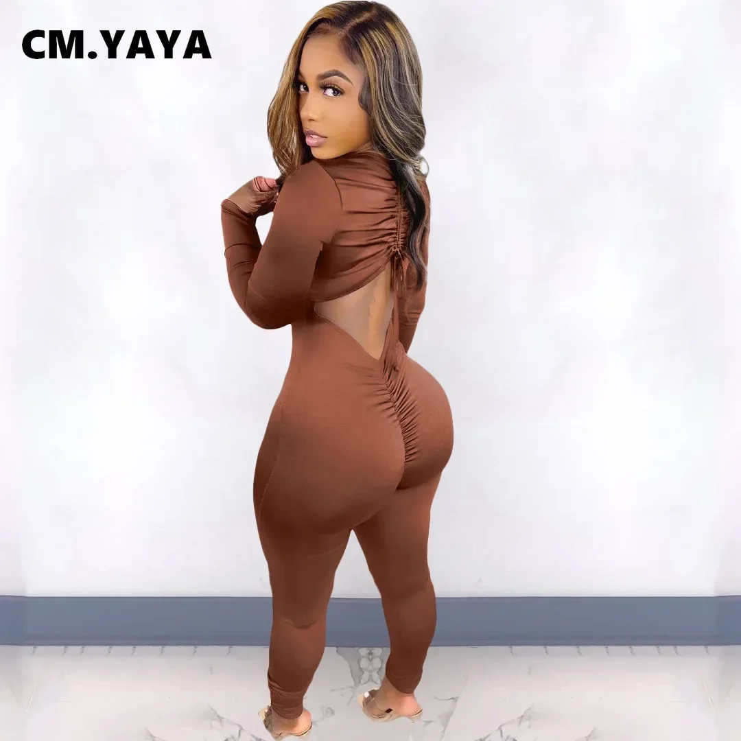 CM.YAYA Women Long Sleeve Ruched Open Back V-neck Jumpsuit Streetwear Sexy Party Solid High Waist One Piece Overall Playsuits