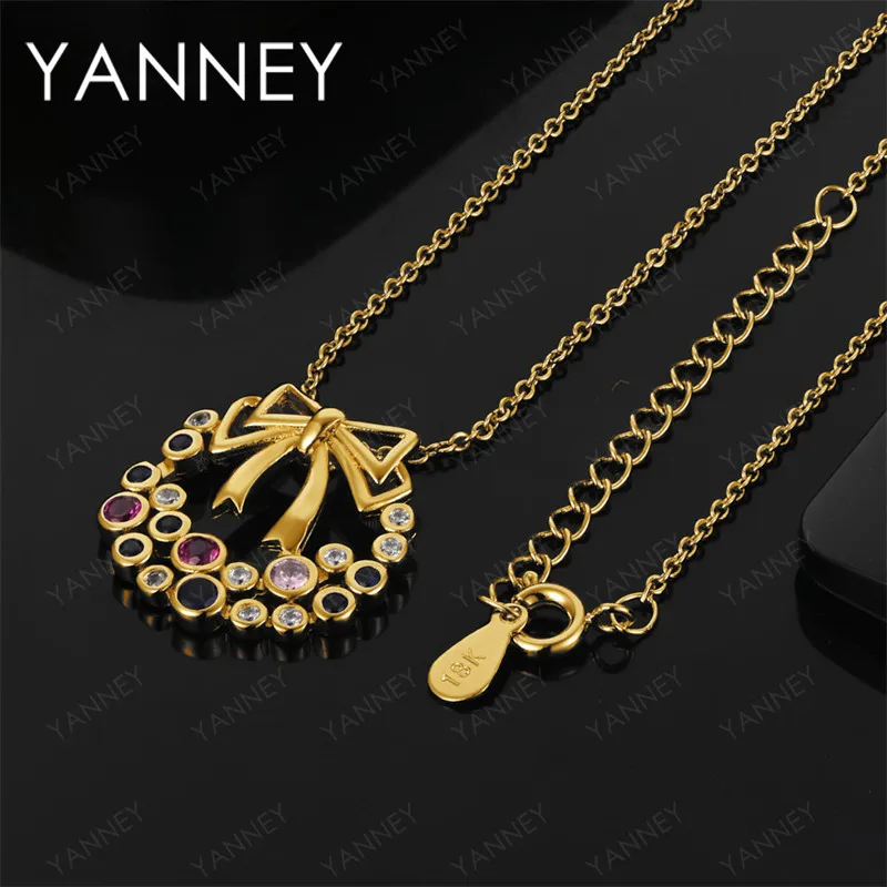 

925 Sterling Silver 18K Gold 16-30 inch Exquisite Bow Zirconia Necklace - Women's Wedding Gift Jewelry Party Accessories