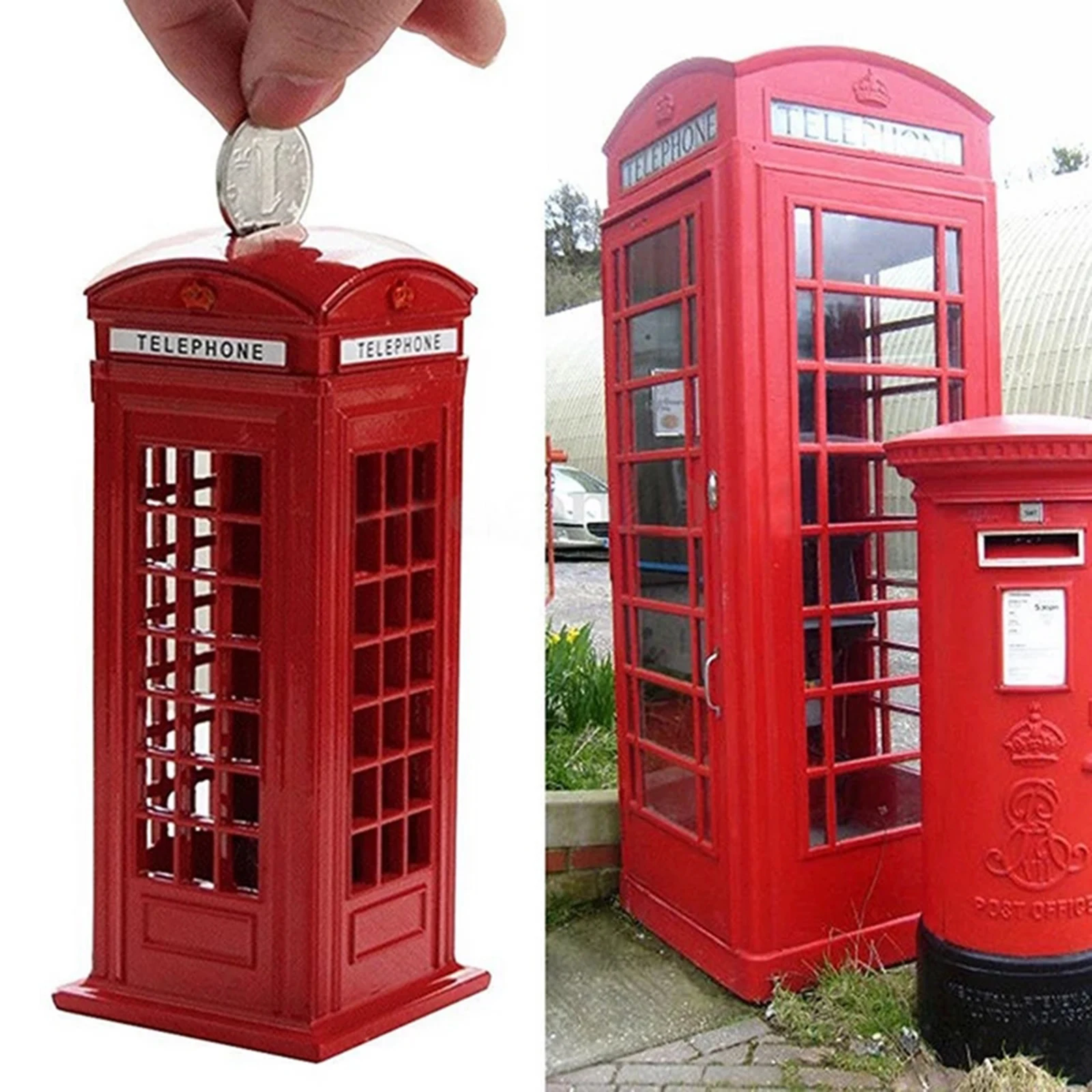 Metal Red British English London Telephone Booth Bank Coin Bank Saving Pot Piggy Bank Red Phone Booth Box Decor Container