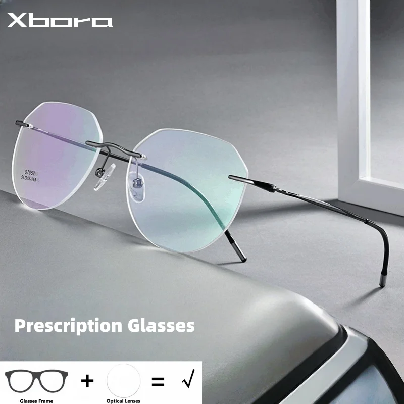 Xbora Ultralight Titanium Alloy Rimless Men's Optical Prescription Polygonal Eyeglasses Myopia Frames Women's Glasses 7052