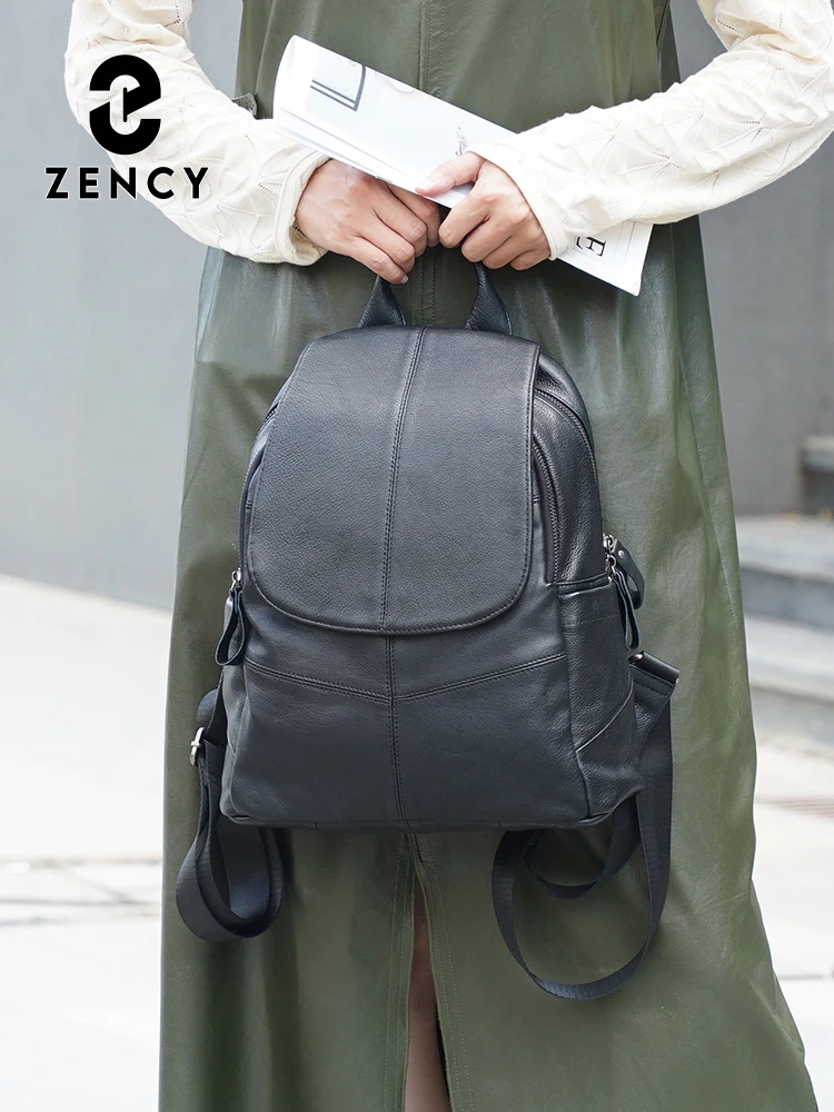 Zency Genuine Leather Black Backpack For Women Travel Bag Large Capacity Shoulder Bag
