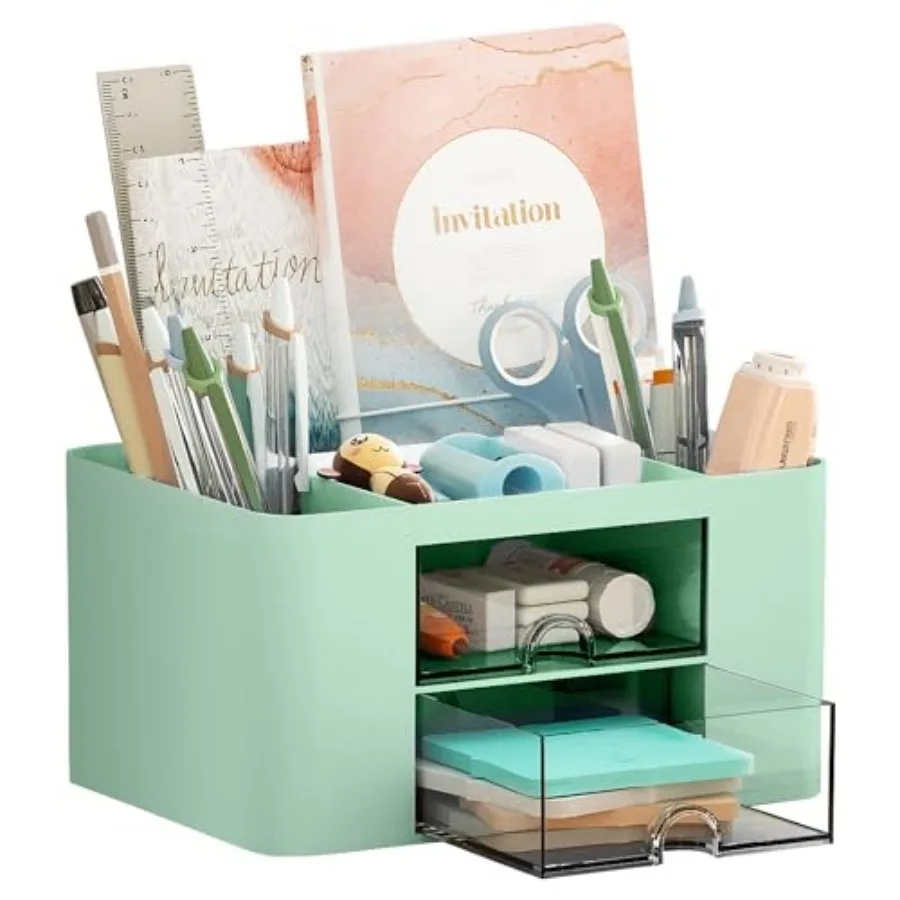 

Pen Organizer with 2 Drawer, Multi-Functional Pencil Holder for Desk, Desk Organizers and Accessories with 5 Compartments + Dra