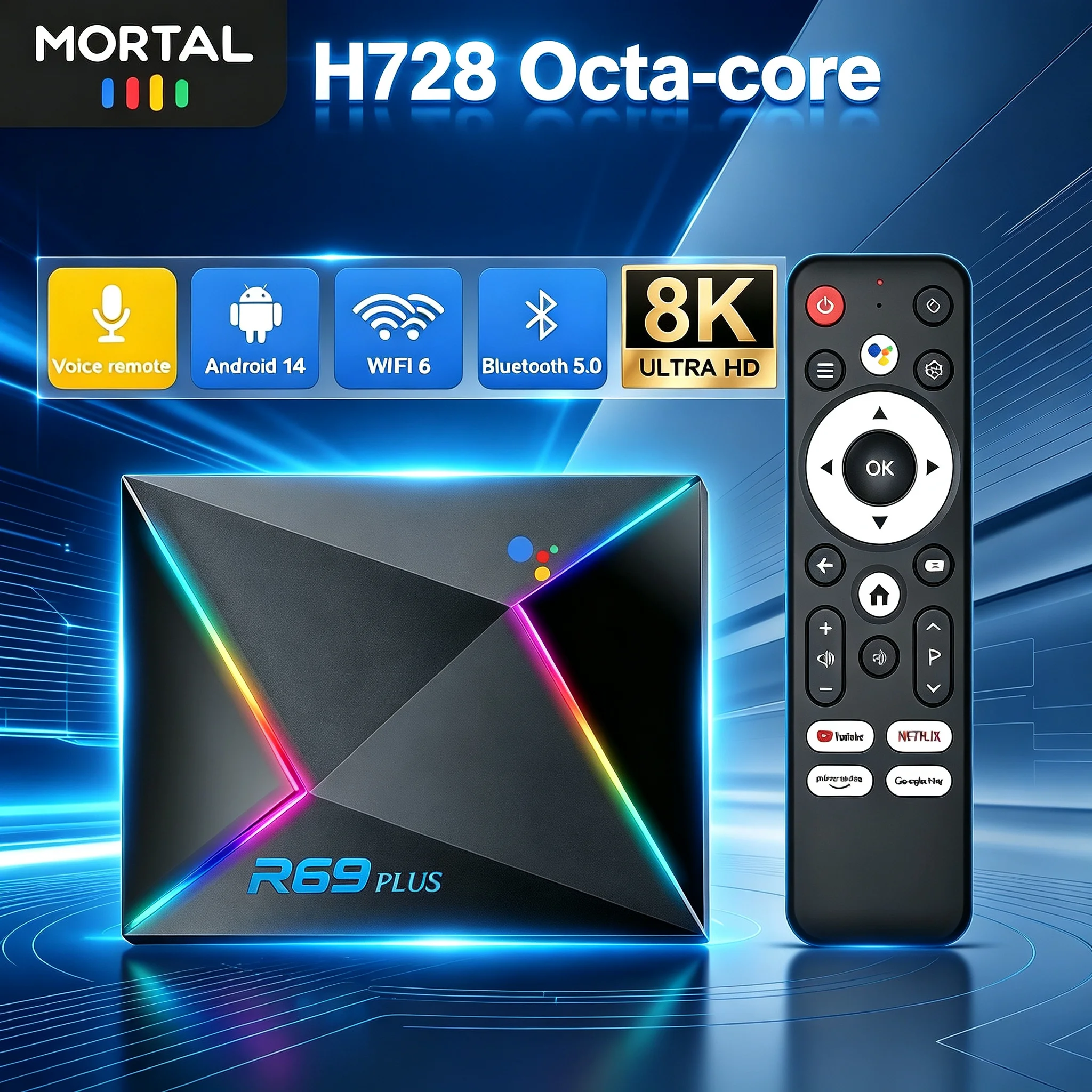 Voice Control TV Box R69 Plus 8K Ultra HD Allwinner H728 Octa Core WiFi 6 Android 14 Netflix Smart Set Top Box Media Player