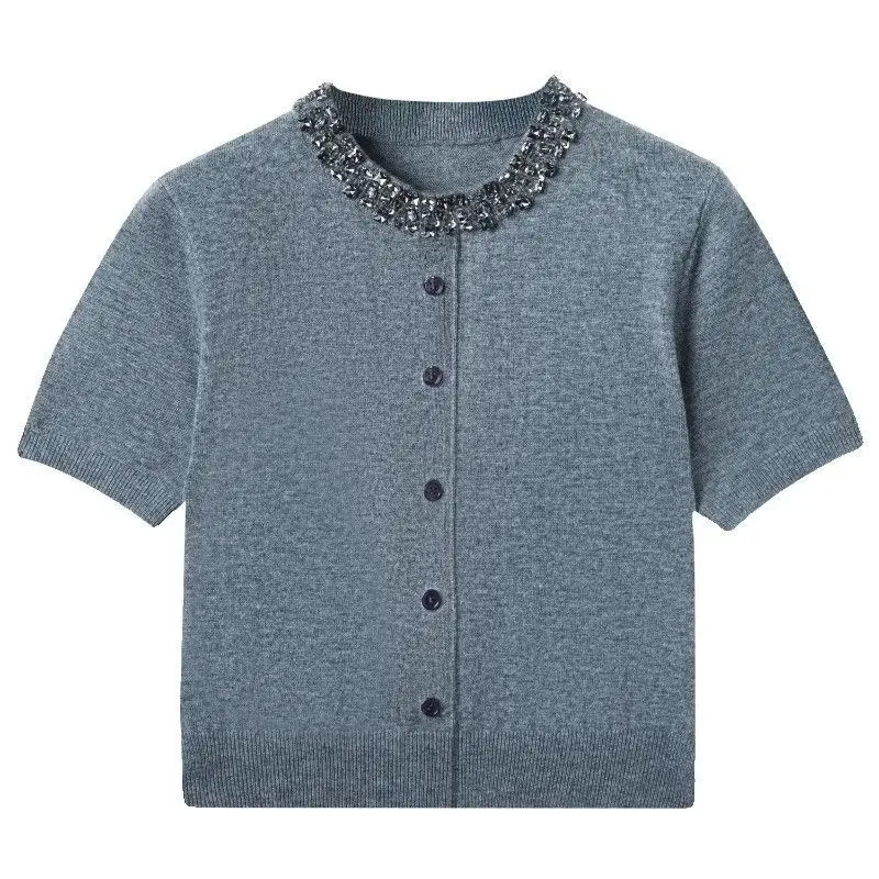 diamond round neck knitted cardigan women's gray thin short-sleeved T-shirt summer ice silk foreign style shirt 5