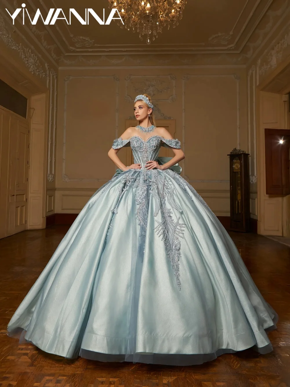 

Light Blue Shinny Beaded Quinceanera Prom Dresses Elegant Bow Off Shoulder Ball Gown Exquisite Long Sweet 16 Dress Vestidos