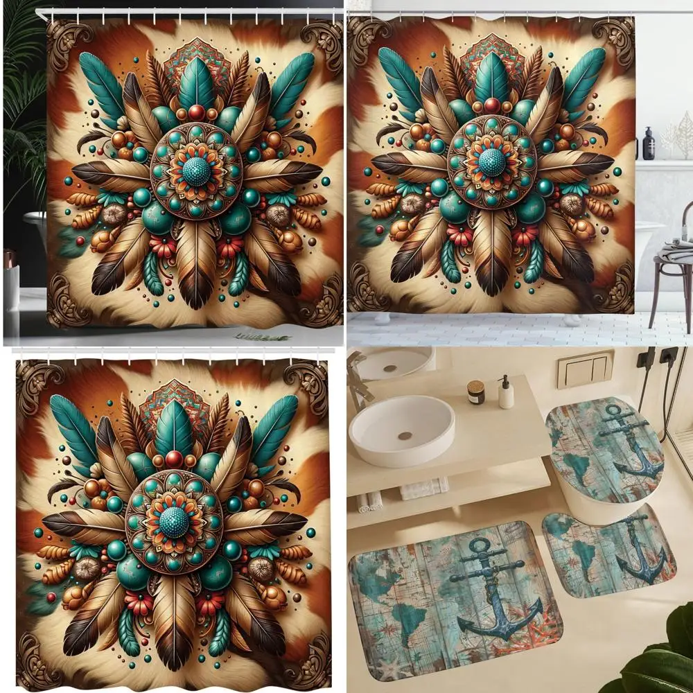 

eco-inspired bohemian shower curtain: feather mandala art on earth-toned fabric