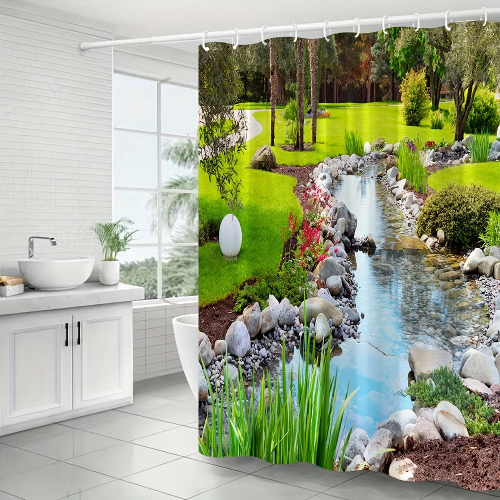 All-Season Scenic Landscape Shower Curtain: Easy Hang, Water-Resistant, Machine-Washable, Includes Hooks