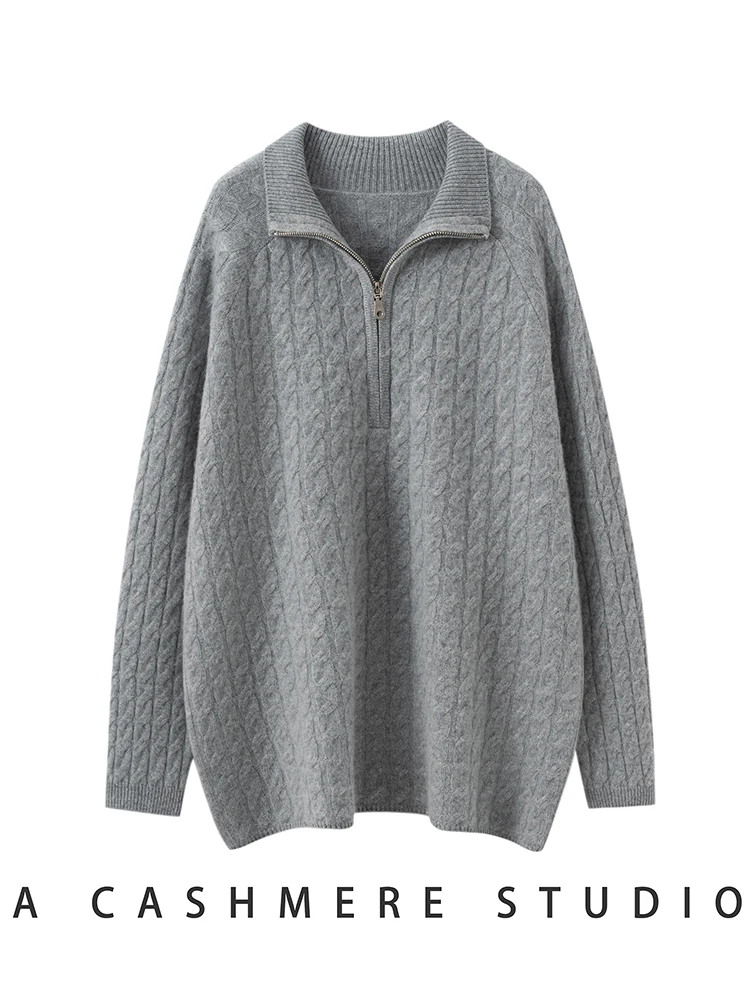 

TLOML New Women's 100% Cashmere Sweater Zipper Cable Knit Pullover Cashmere Knitwear Autumn Winter Thick Soft Loose Casual Tops
