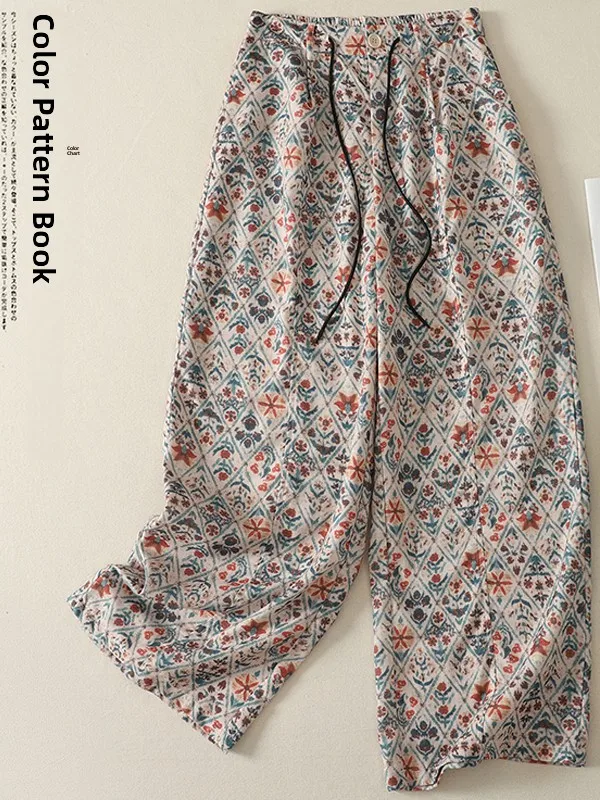plus Size Women's Casual Cotton Linen Wide Leg Pants Loose Straight Floral Print Spring Autumn Loose Slimming Long Trousers