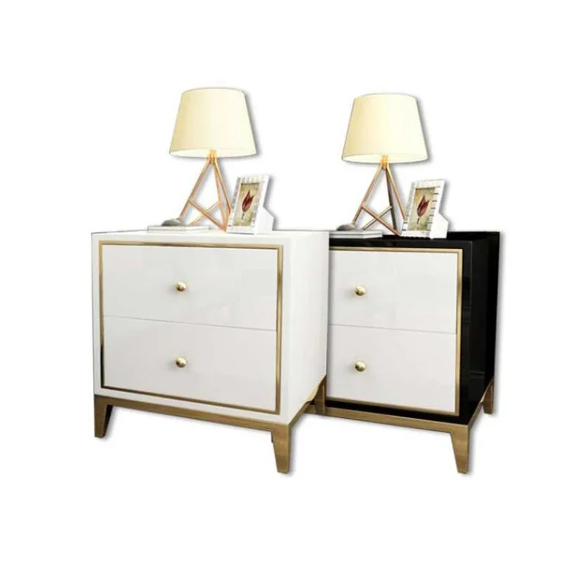 Luxurious and Simple Bedside Table Black and White Bright Baking Paint Stainless Steel Gold-plated Bedroom 40cm Storage Cabinet