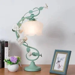 Modern white/green/pink rose iron lighting table lamp creative bedroom study girl children's room bedside lamp