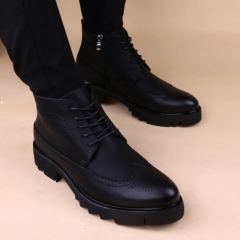 

men casual platform boots black trend brogue shoes cowboy genuine leather boot carving bullock ankle botas masculinas chaussure