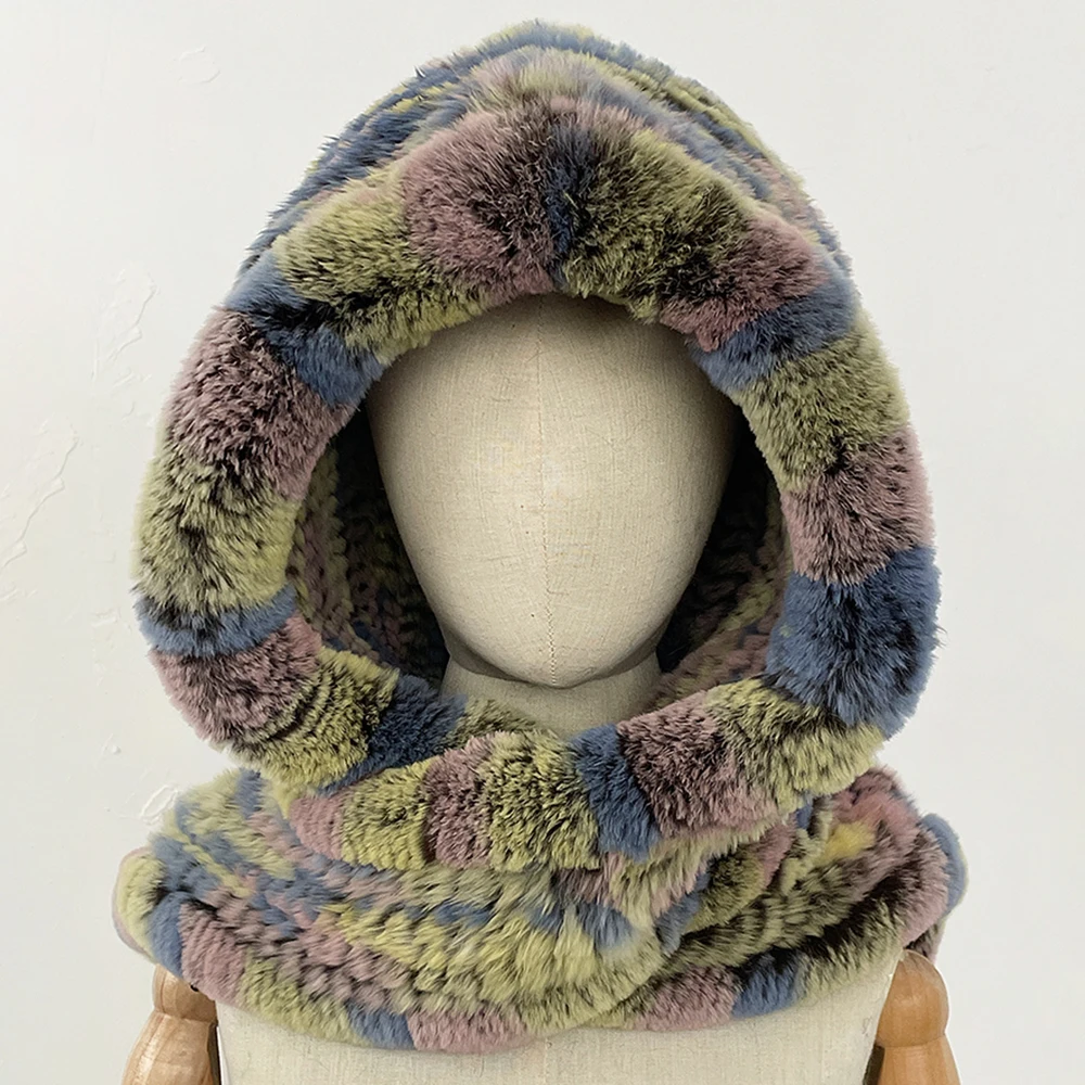 OFTBUY Vendita Calda Reale Lavorato A Maglia Cappello di Pelliccia di Coniglio Rex Sciarpa Con Cappuccio Nuove Donne Lungo Inverno Caldo Cappello di Pelliccia Collo Sciarpe Cappello Sciarpa