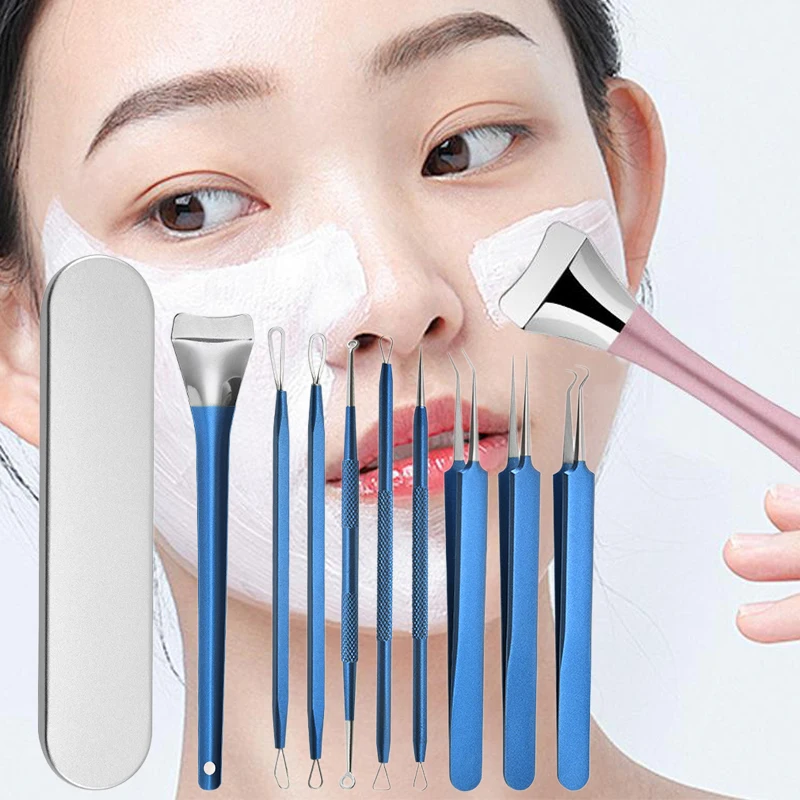 1/9Pcs Acne Needle Professional Tweezers Acne Remover Ultra-fine Pimples Blackhead Clip Facial Pore Cleaning Care Tool With Box