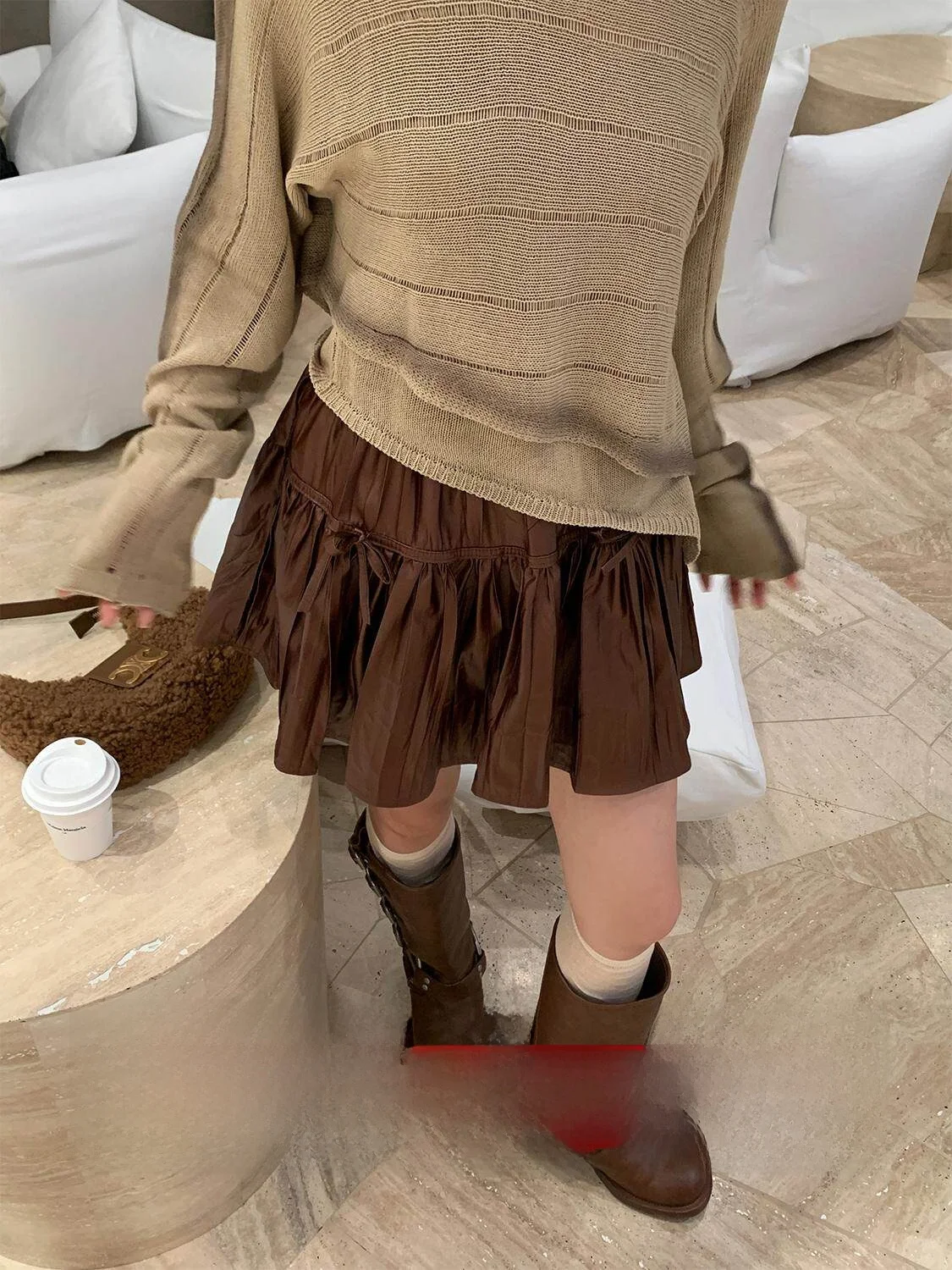 

Ретро-юбка А-силуэта из искусственной кожи с плиссировкой для женщин, весенняя коллекция, с узлами, уникальный корейский дизайн, короткая юбка