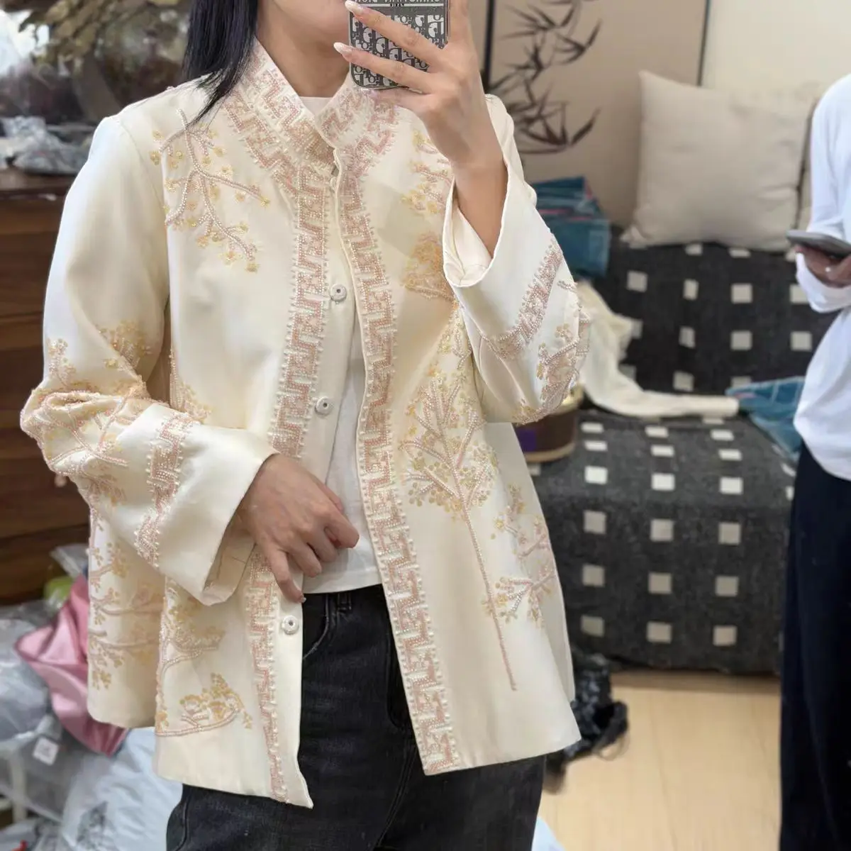 Spring New Chinese style Standing Collar Exquisite Palace Bead Embroidery Silk + Wool Fabric Unique Elegant Women's Coat S-XL