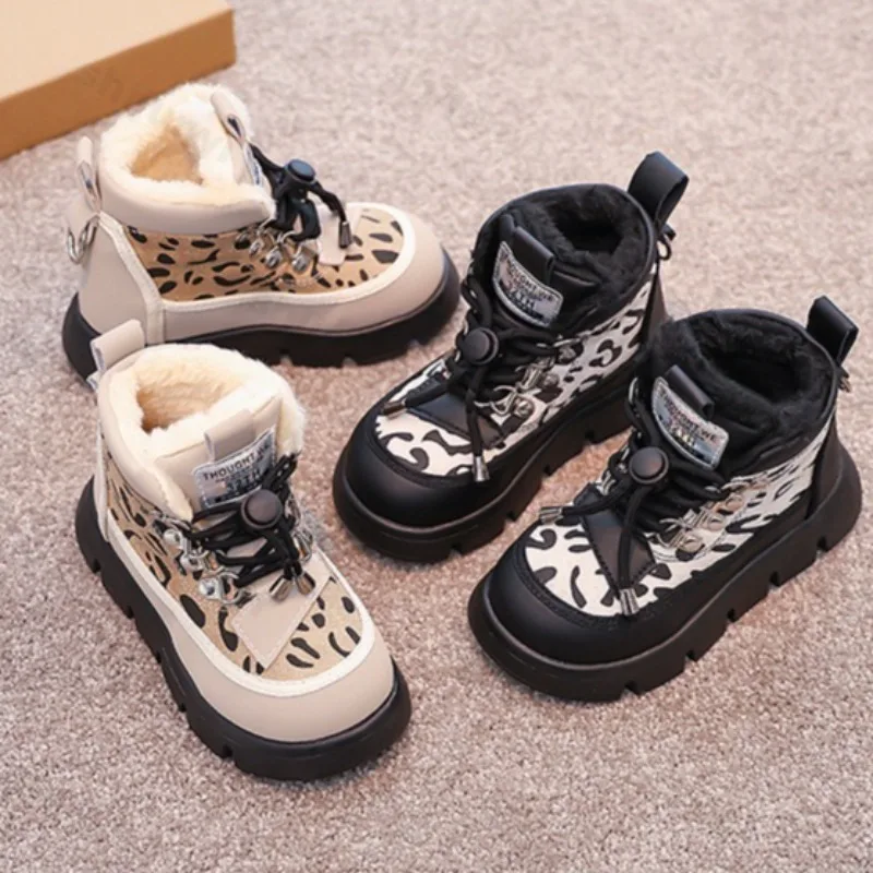 Children's Fashion Leopard Designed Warm Thick Soled Snow Boots 2025 Winter New Girls' Soft Soled Comfortable Casual Plush Boots