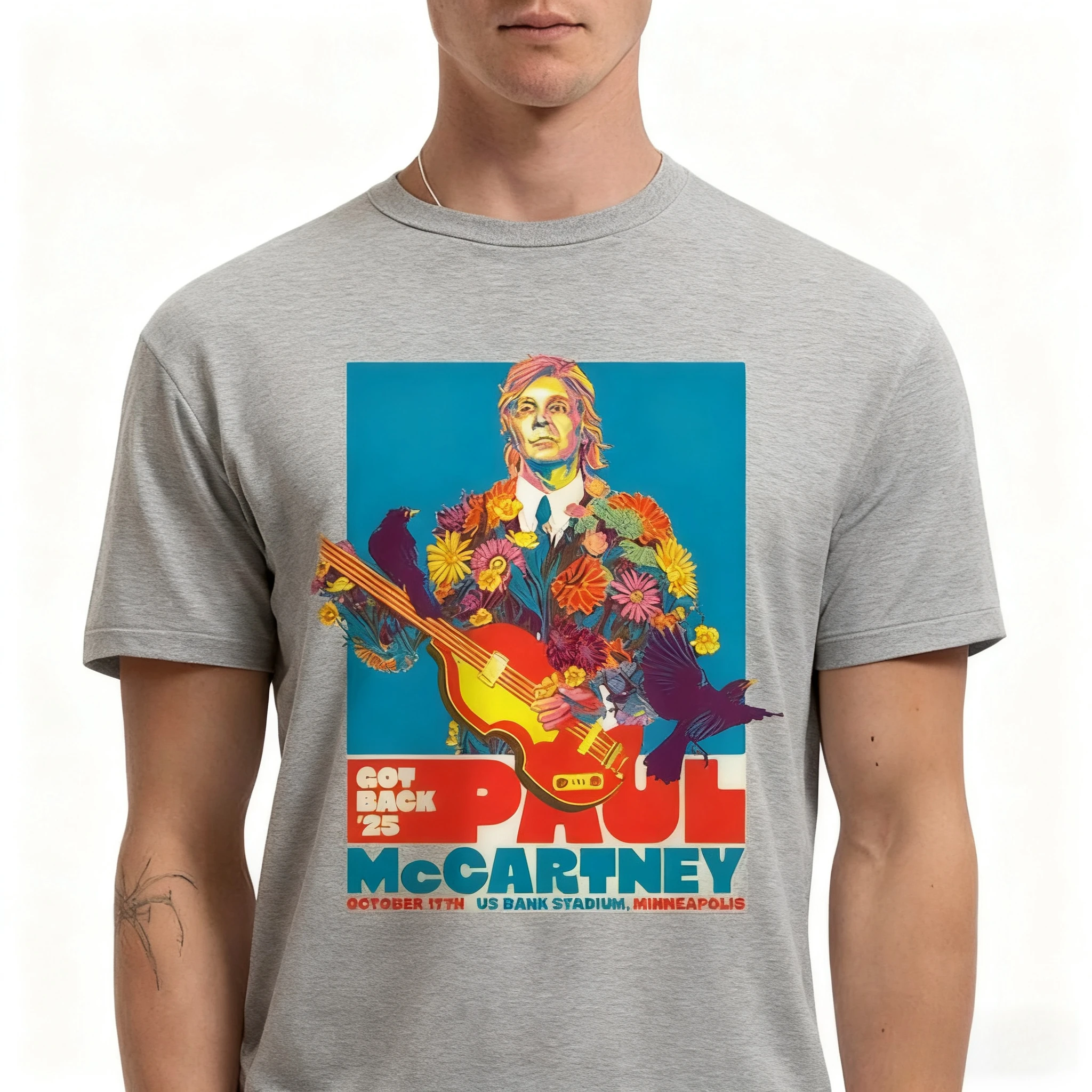 بول مكارتني مينيابوليس 2025 الحفل تي شيرت مخدر الأزهار الطيور الجرافيك عادية المحملة لمحبي موسيقى الروك الملابس العصرية