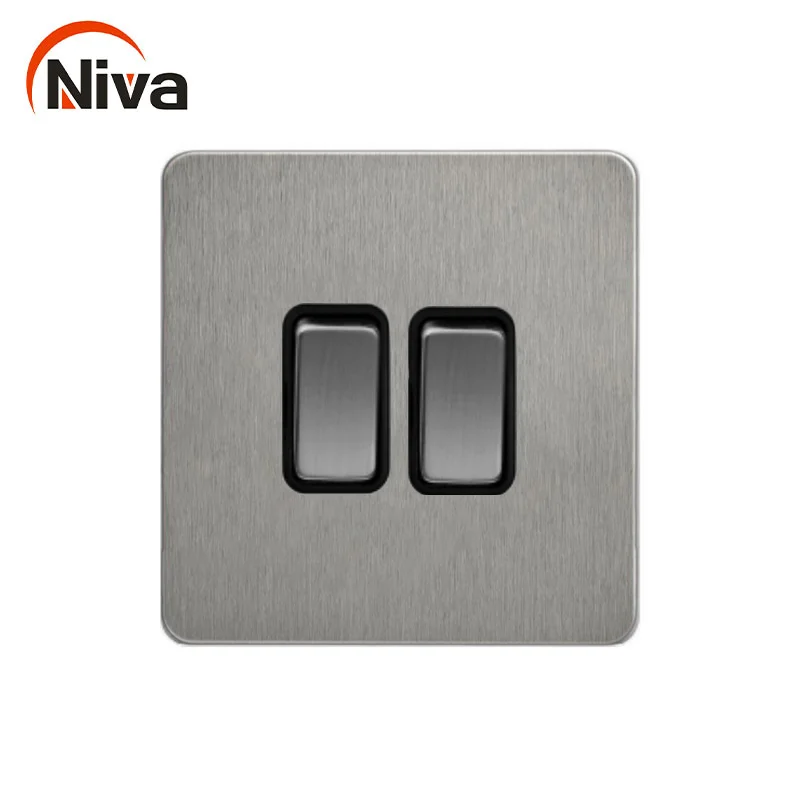 Niva wall switches stainless steel Nickel panel push button light switch 2 Gang 2 Way Universal home socket