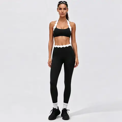 Shell Lace Halter Neck Bra Tight Quick-Dry Sports Backless Color-Block Slim Fit Workout Pants Solid Color Summer Yoga Outfit Set