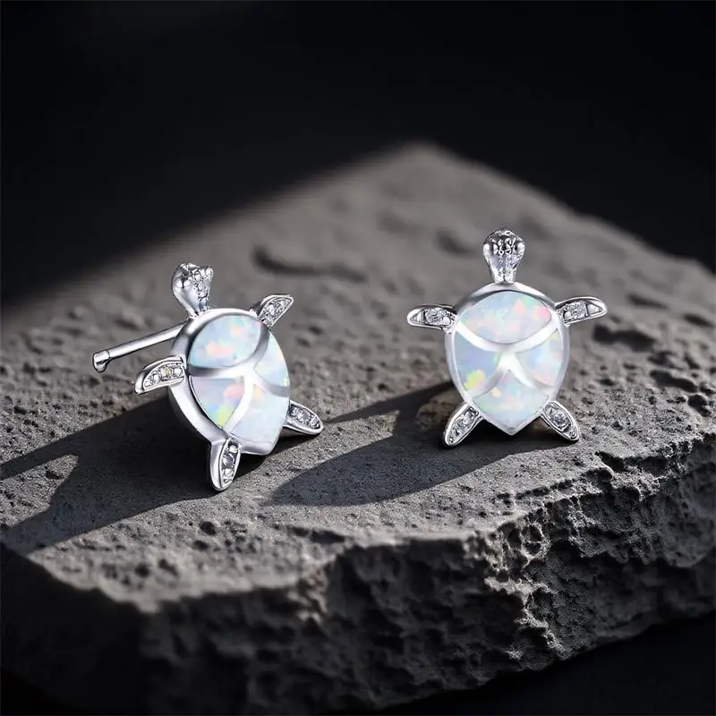 Cute Small Sea Turtle Stud Earrings White Opal Water Drop Stone for Women Vintage Silver Color Animal Jewelry Accessory