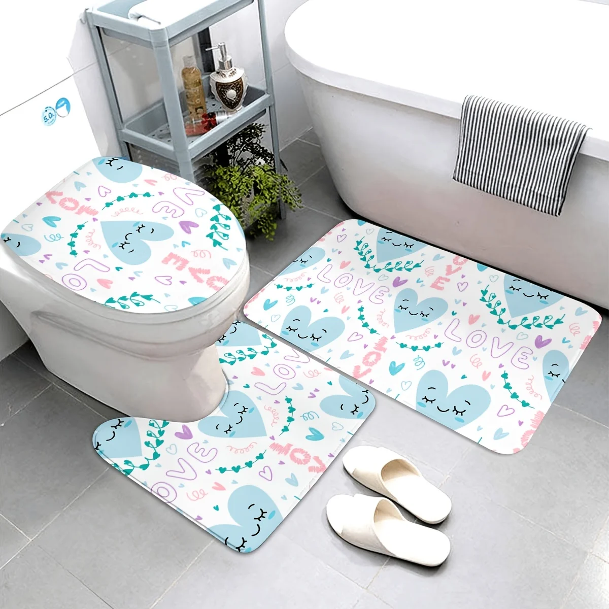 

Декор для ванной комнаты с принтом сердца на День святого Валентина, 3 шт., полиэфирная ткань, можно стирать в машине, U-образный коврик, нескользящий коврик, чехол на сиденье унитаза