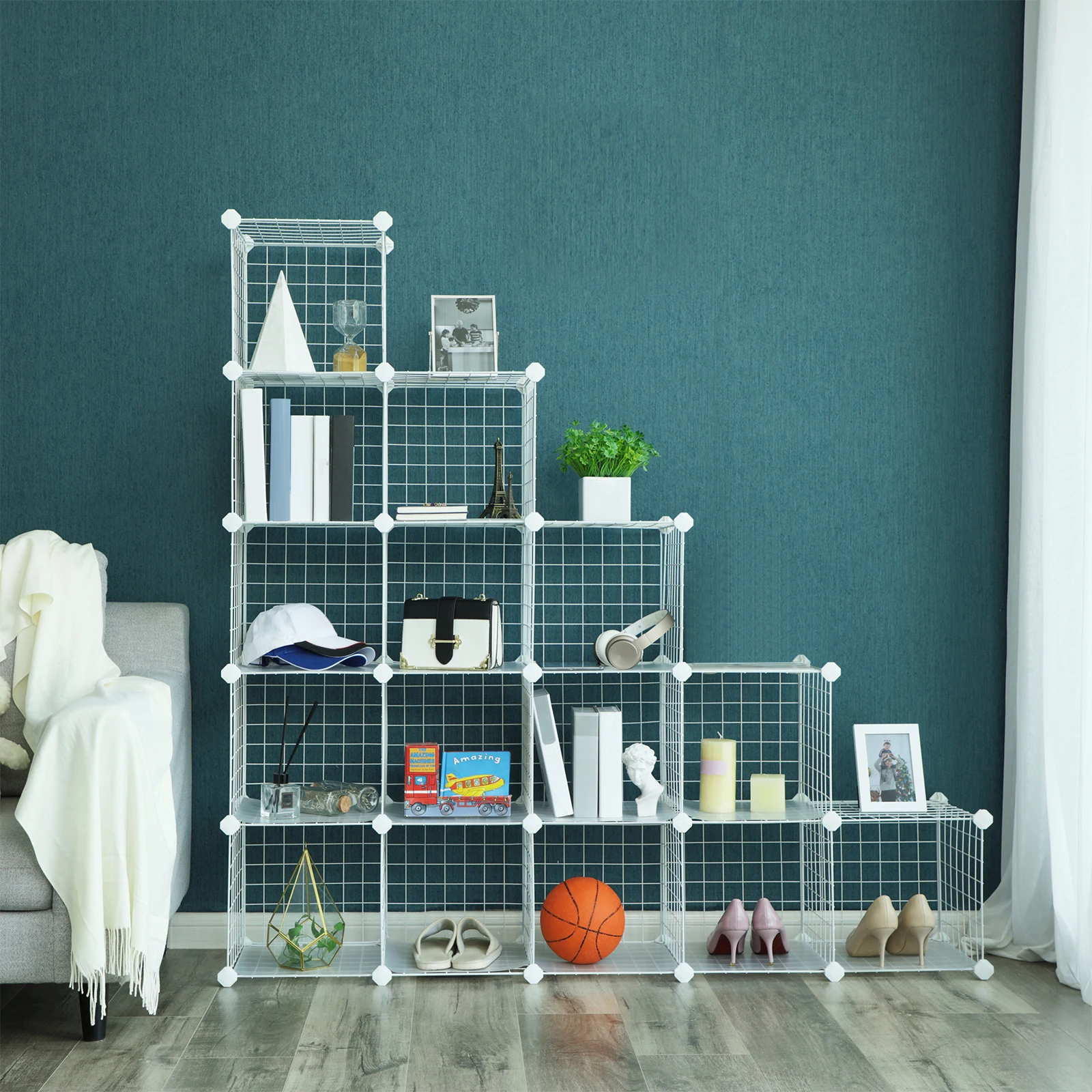 SONGMICS 16 Cube Metal Wire Storage Organiser, DIY Closet Cabinet and Modular Shelving Grids, Wire Mesh Shelves and Rack