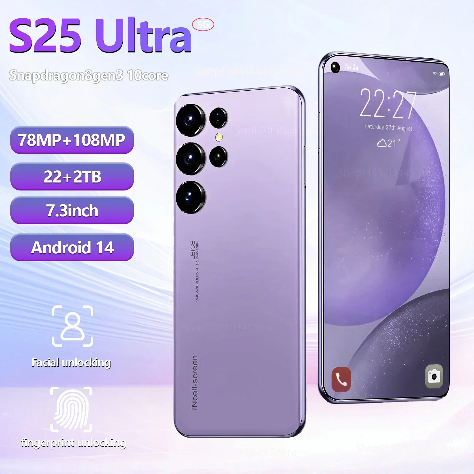 

S25 Ultra Android Smartphone 7.3 HD Screen 22G+2T 5G Dual SIM Dual Standby 108MP Camera 7800mAh Global Version Unlocked Phone