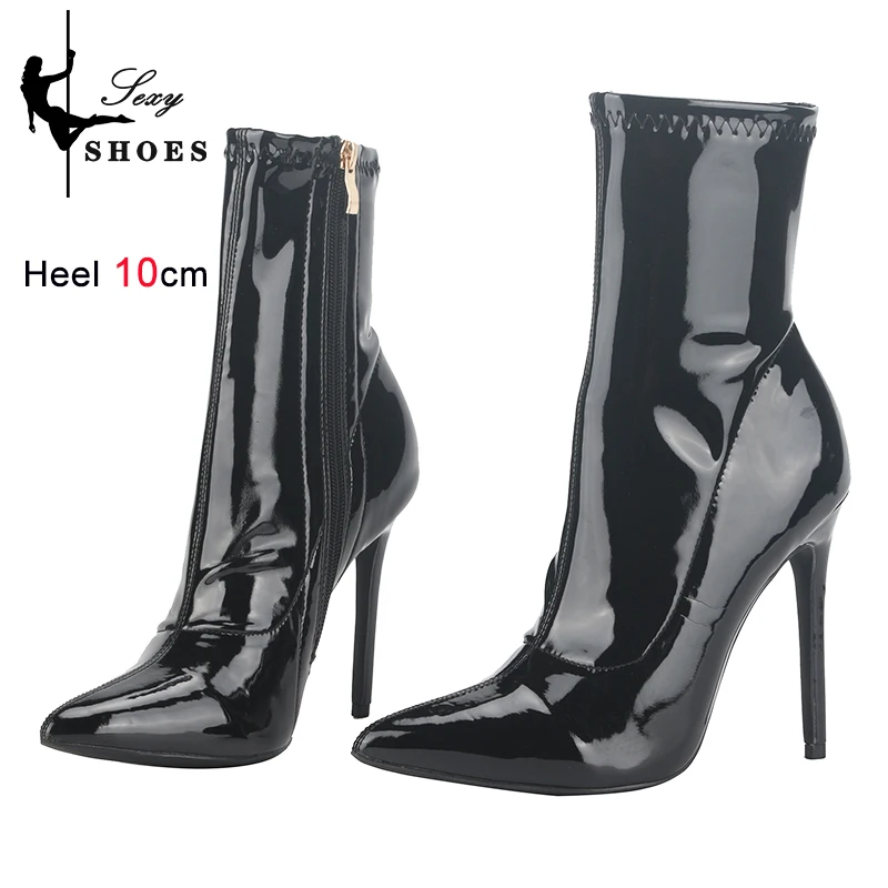 New 10CM 12cm Women Ankle Boots Side Zipper Thin Heels Short Boot Glossy Patent Leather High Heels Office Autumn Shoes For Woman