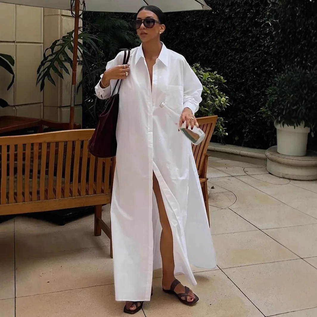 เดรสเชิ้ตผู้หญิงทรงหลวมสไตล์ลำลอง แฟชั่นปี 2025 แขนยาว ความยาวระดับข้อเท้า ดีไซน์เรียบหรู ผ่าข้าง