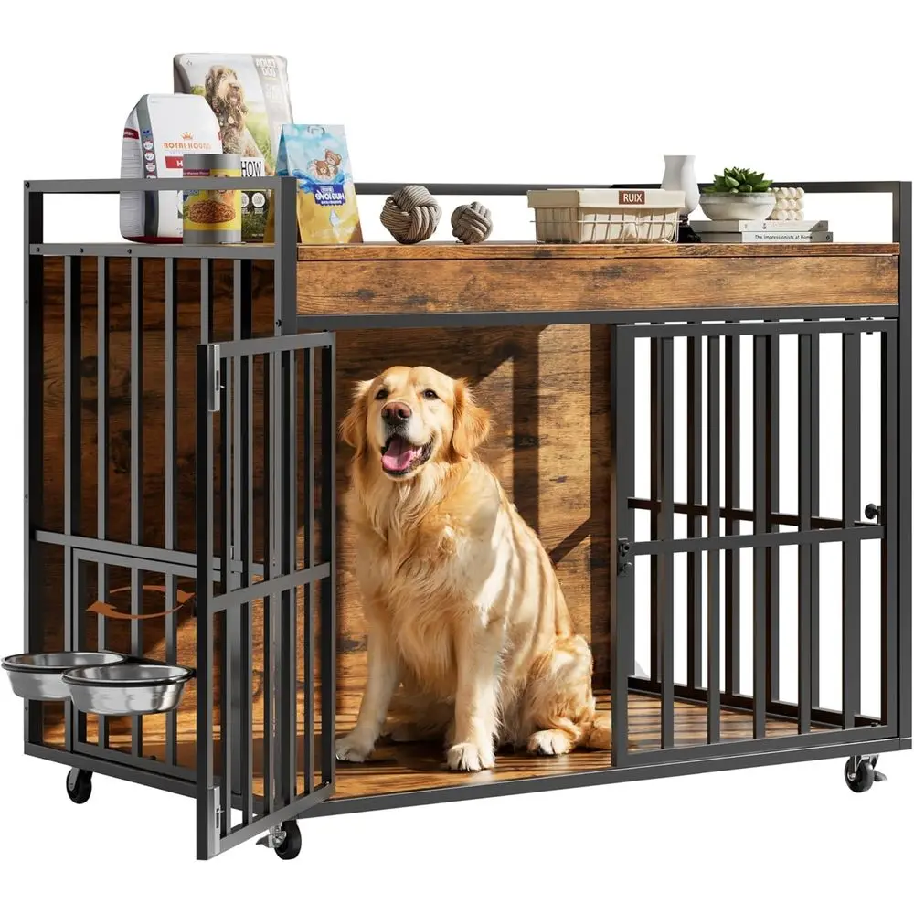 

Sturdy 43 Dog Kennel with 3 Doors, 2 Bowls, Lockable Wheels, Wooden Design for Large Breeds, Rustic Brown End Table Dog Cage