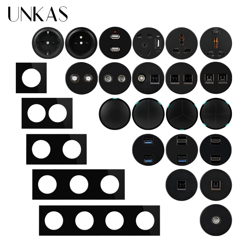 

UNKAS A8 DIY Black Glass Free Combination EU French 1 2 3 Gang 1 2 Way HDMI-Compatible 2.0 USB 3.0 TV Computer Socket Outlet