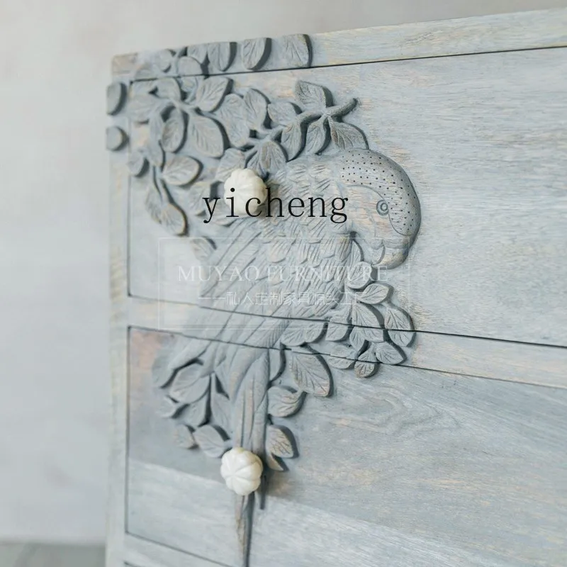 

LX Solid Wood Carved Flower and Bird Storage Cabinet with Three Drawers Creative Design