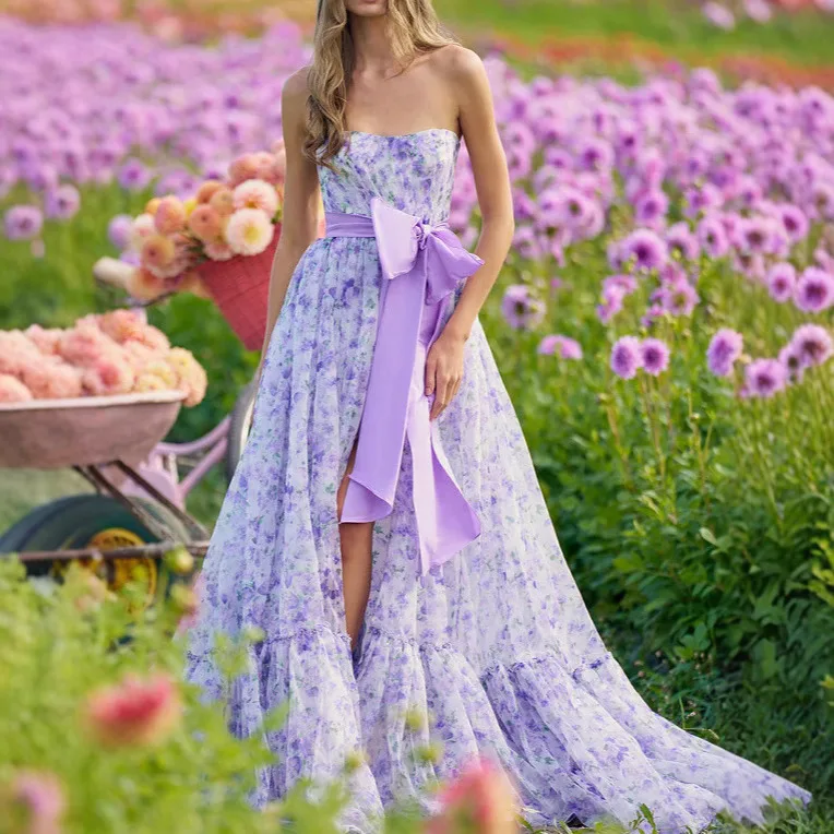 

2025 Spring and Summer New Women's Floral French Sexy V-neck Ruffled Skirt with Suspenders Elegant Sleeveless Dress Lady