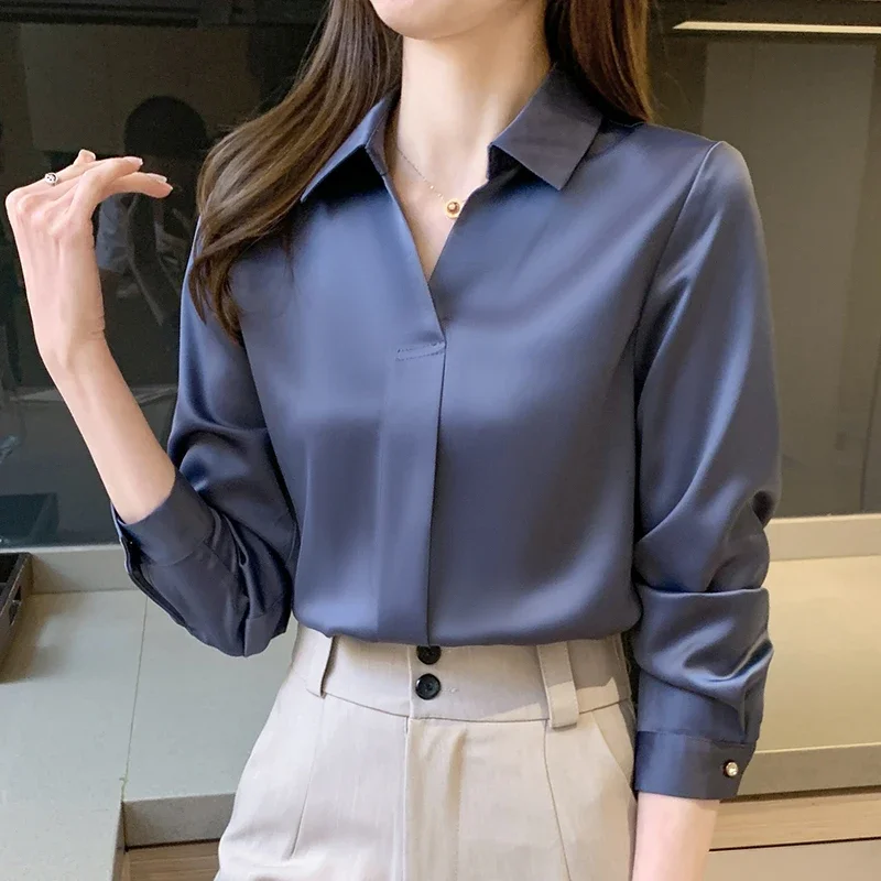 2024 Autumn Simple and Elegant Blue Shirt for Slimming Long Sleeves Turn Down Collar Chiffon Blouse Shirt Women Tops Traf C05