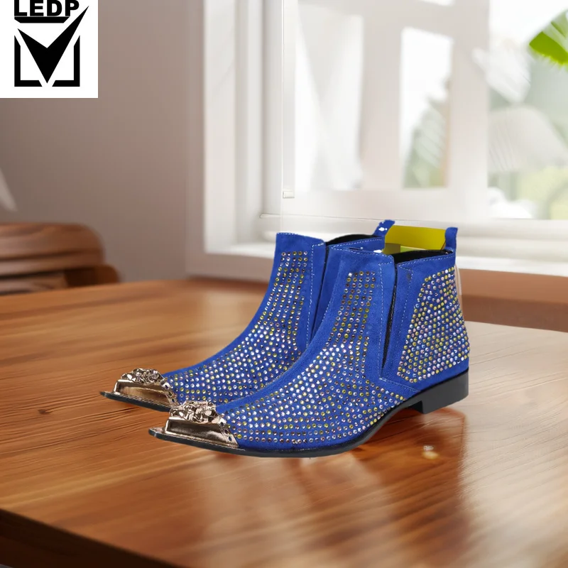 Glittering Rhinestone Suede Men's Boots Trendy Stage Performance Style Attention-Grabbing Personality Professional Atmosphere