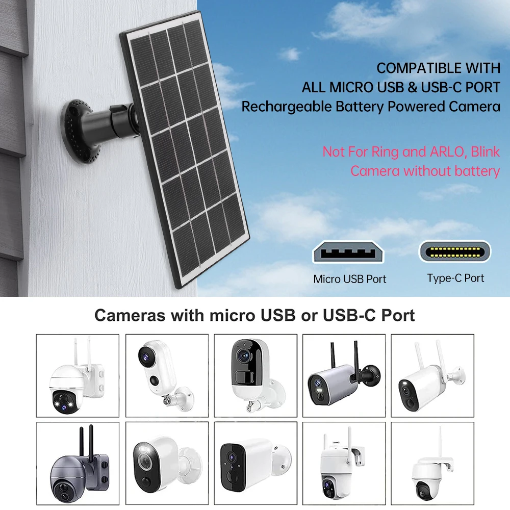 5V 8W Solar Panels For Eufy Eufycam Micro+Type-C/DC5521 Wall Mount Waterproof Solar Cell System Outdoor Battery Supply