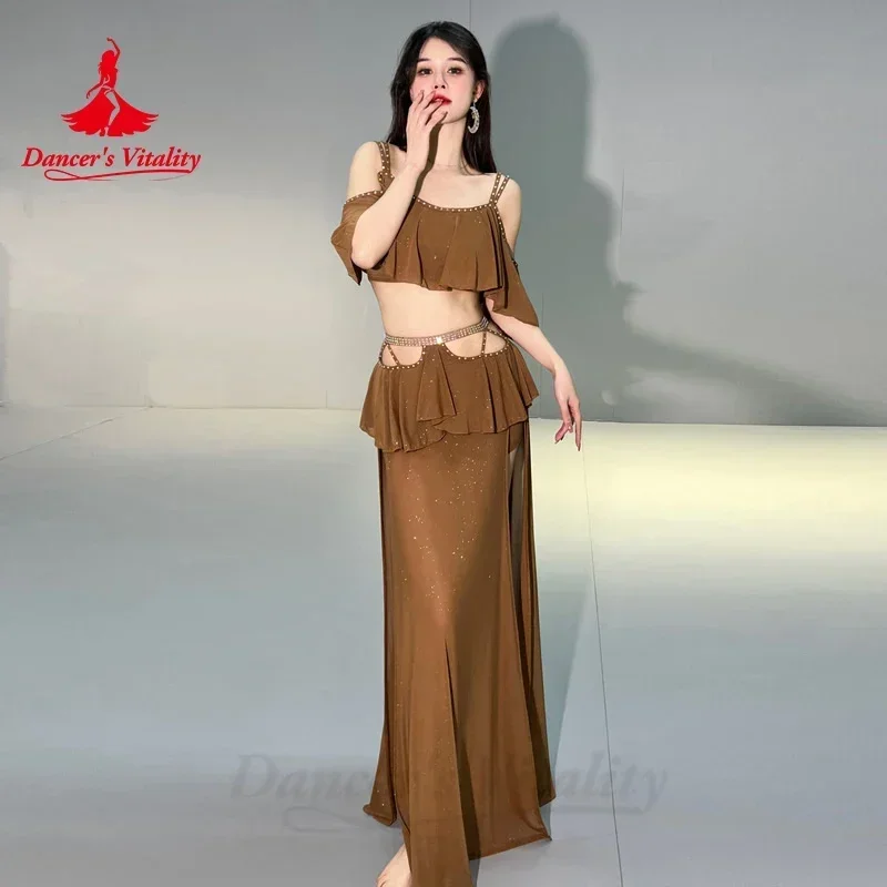 Belly Dance Clothing 2023 New Autumn Winter Mesh Short Sleeves Top+long Skirt 2pcs Oriental Training Suit Women Bellydance Set