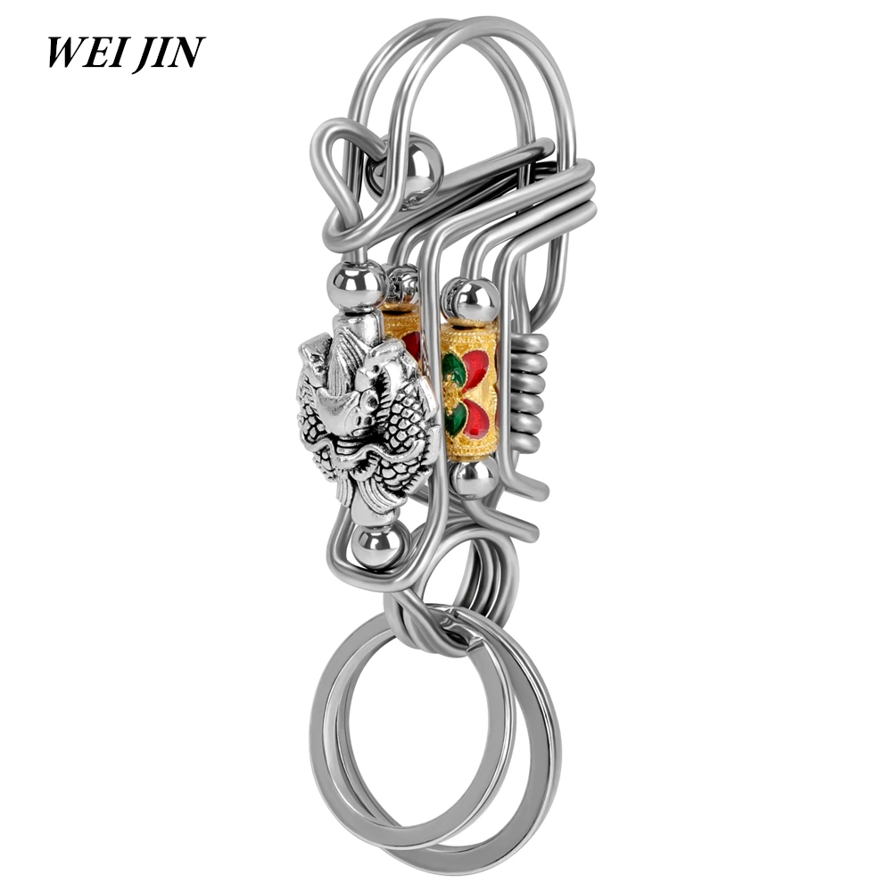 Stainless steel Keychains, Handmade Matte Round Engraved Dragon Head Charm Mechanical Car Key Ring, American Men Outdoor Trinket