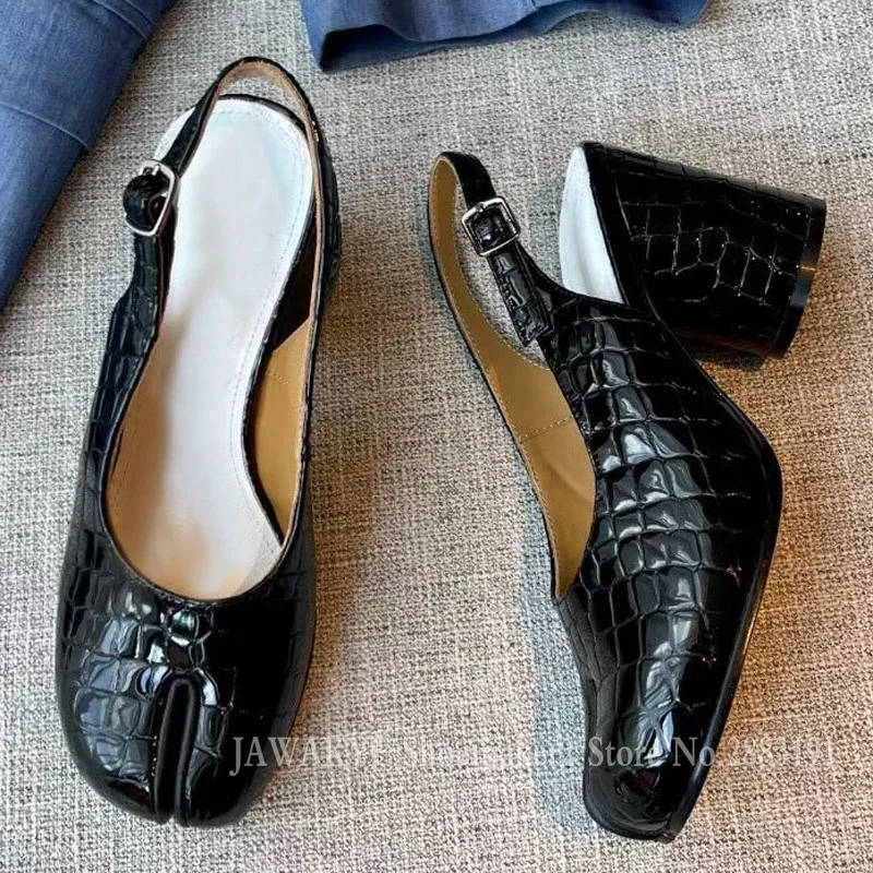 

Retro Clip-on Mary Jane Women Pumps Black Stone Pattern Slingback Round Heels Real Leather Shallow Banquet Dating Shoes Woman