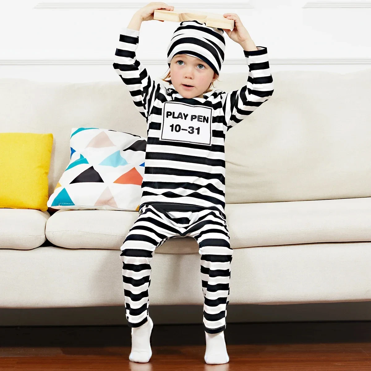 Disfraz de prisionero de Halloween para bebés, traje convidado de manga larga, conjunto de ropa de cosplay a rayas blancas y negras para niños pequeños, 3 uds.