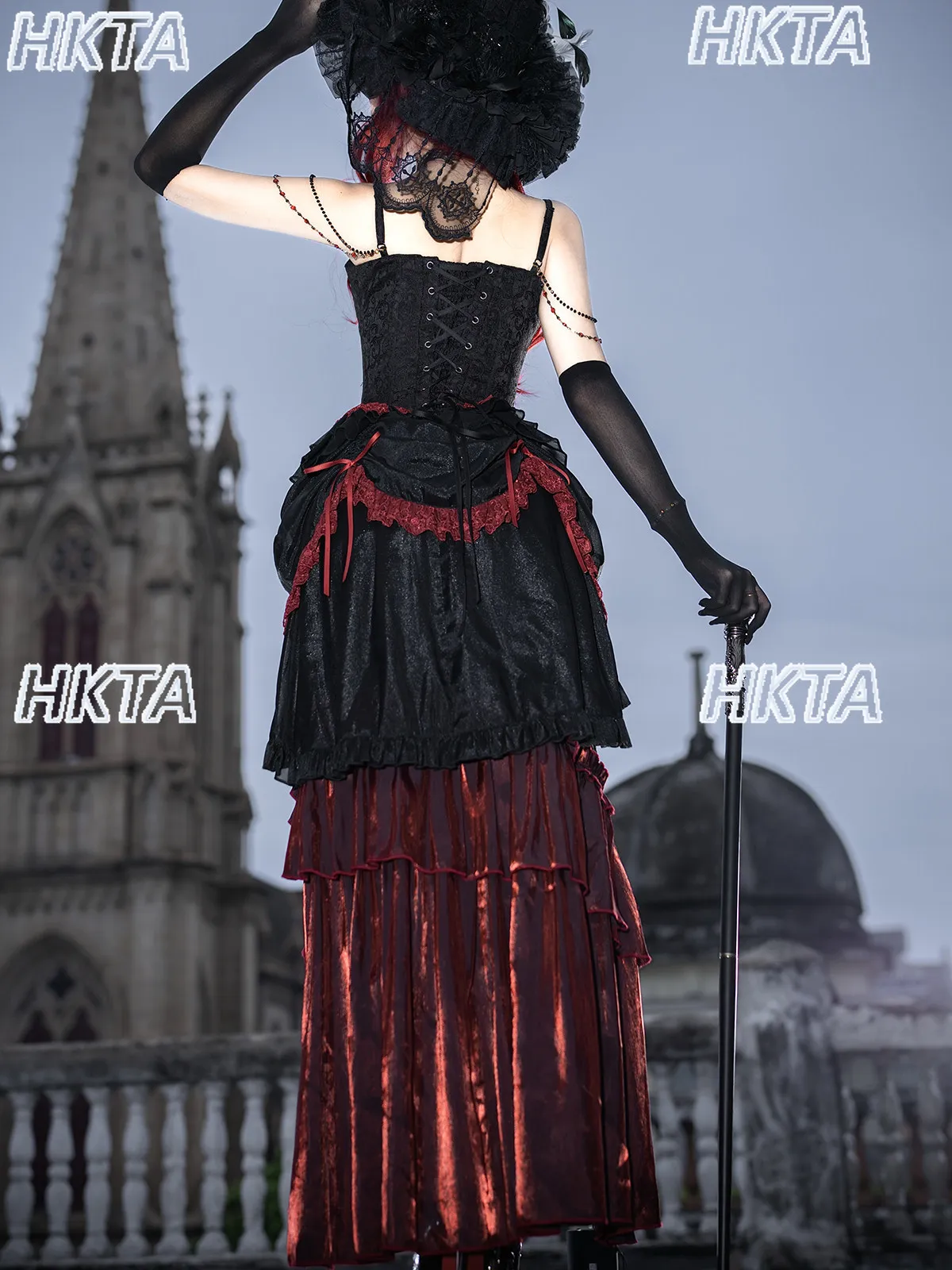 Elegant Vintage Dark Goth Subculture Y2k Personality Lace Embroidered Lolita Suspender Vest A Line Skirt Red Dress Set Women view 3
