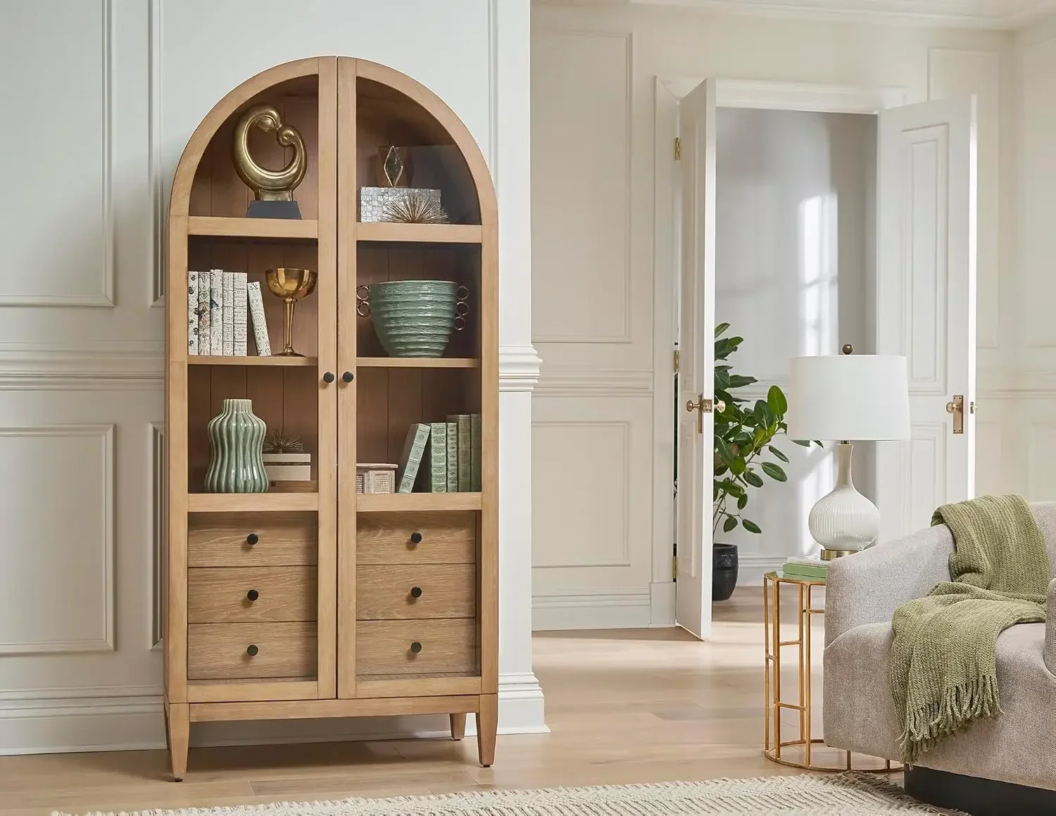 Modern Wood Arched Display Cabinet/Bookcase, Office Shelving, Storage Cabinet, Fully Assembled, Light Brown