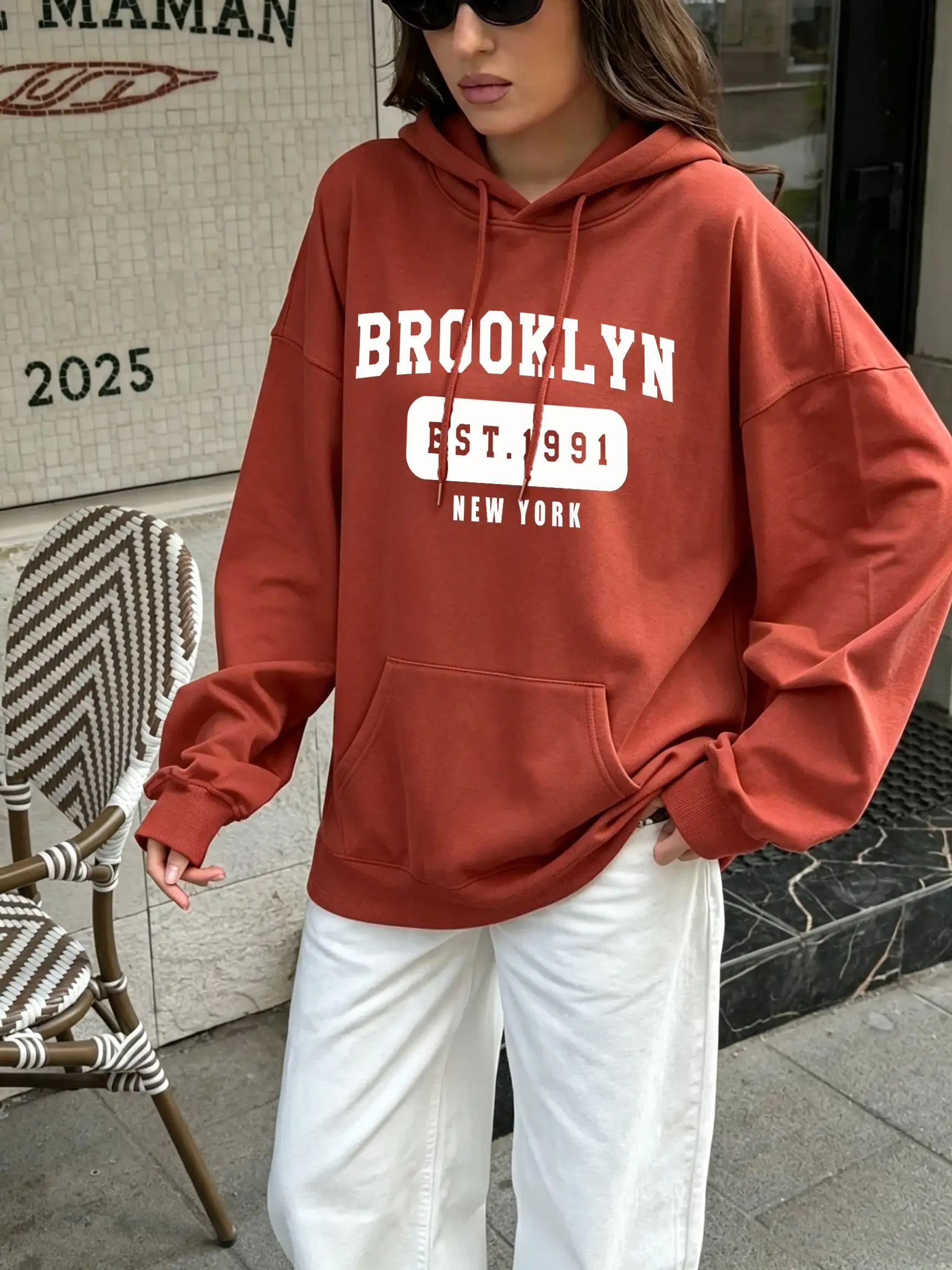 Brooklyn New York Est 1991 Design Hoodies Womens Pocket Casual Streetwear Autumn Korean Female Pullover Fleece Loose Hoodie