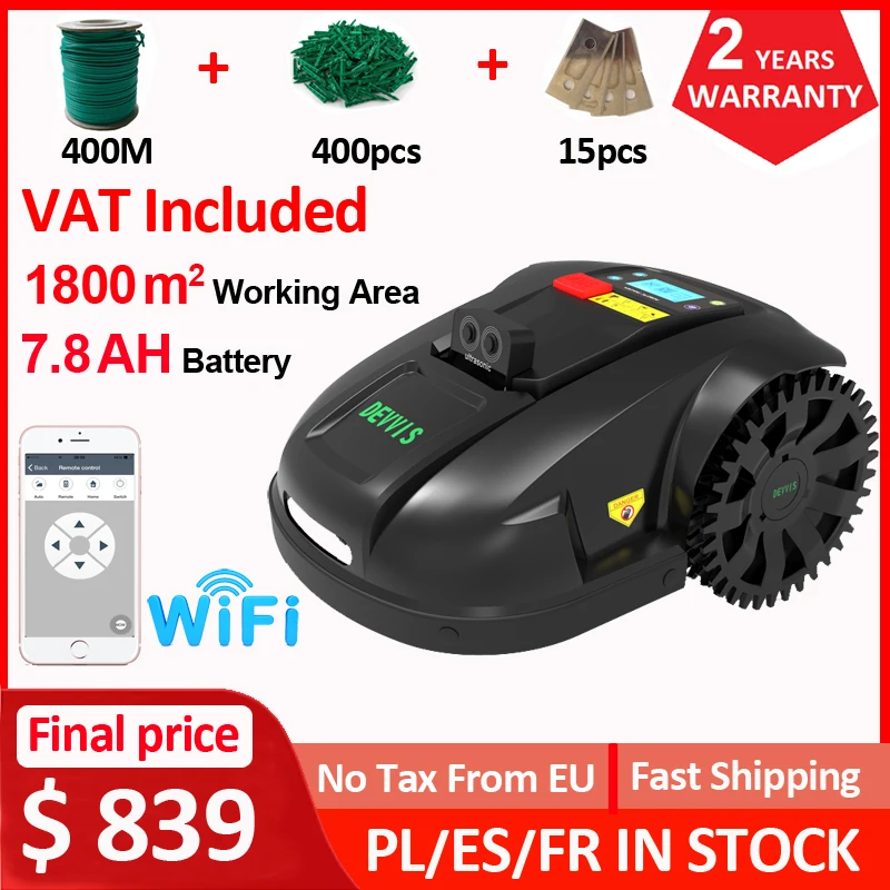 US$839 DEVVIS E1800U Robotic Lawn Mower 1800m² Coverage Ultrasonic Obstacle Avoidance 7.8Ah Lithium Battery With 400m Wire